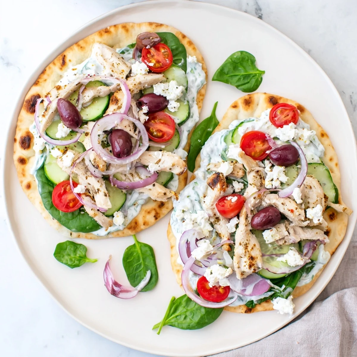 Freshly grilled Greek Chicken Flatbread topped with juicy tomatoes, crisp cucumber, and creamy tzatziki sauce.  