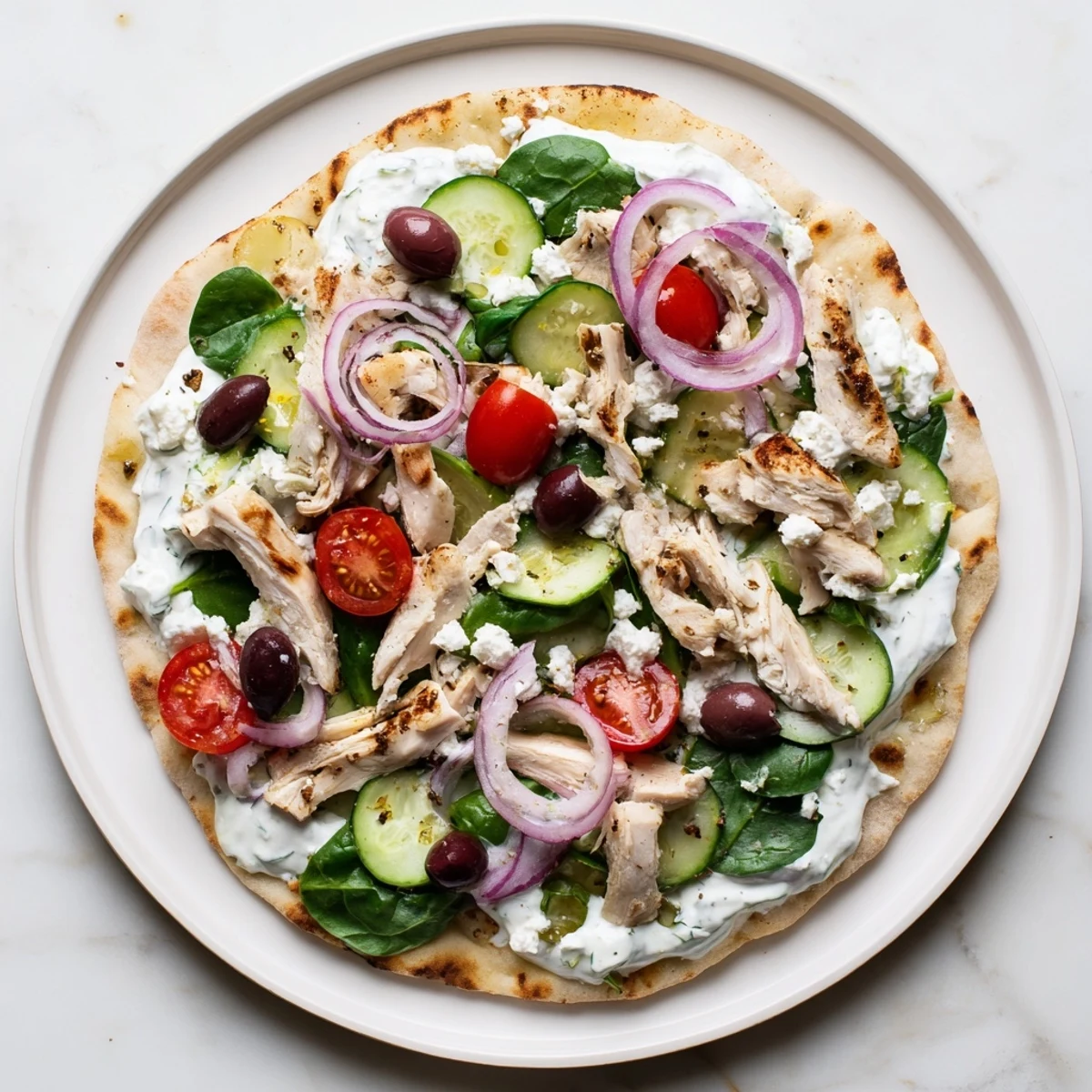 Warm Greek Chicken Flatbread served with marinated chicken, crumbled feta, and fresh spinach leaves.  