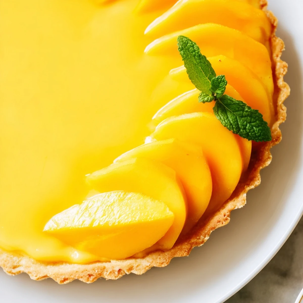 Crisp buttery tart shell filled with silky mango curd garnished with fresh mango slices and mint.