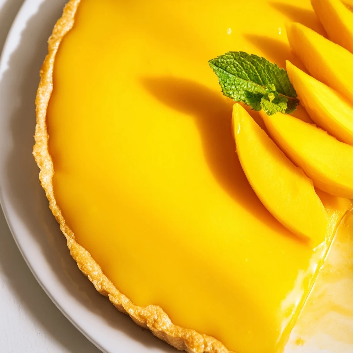 Mango Curd Tart with a golden crust and bright, tangy filling served on a rustic plate.