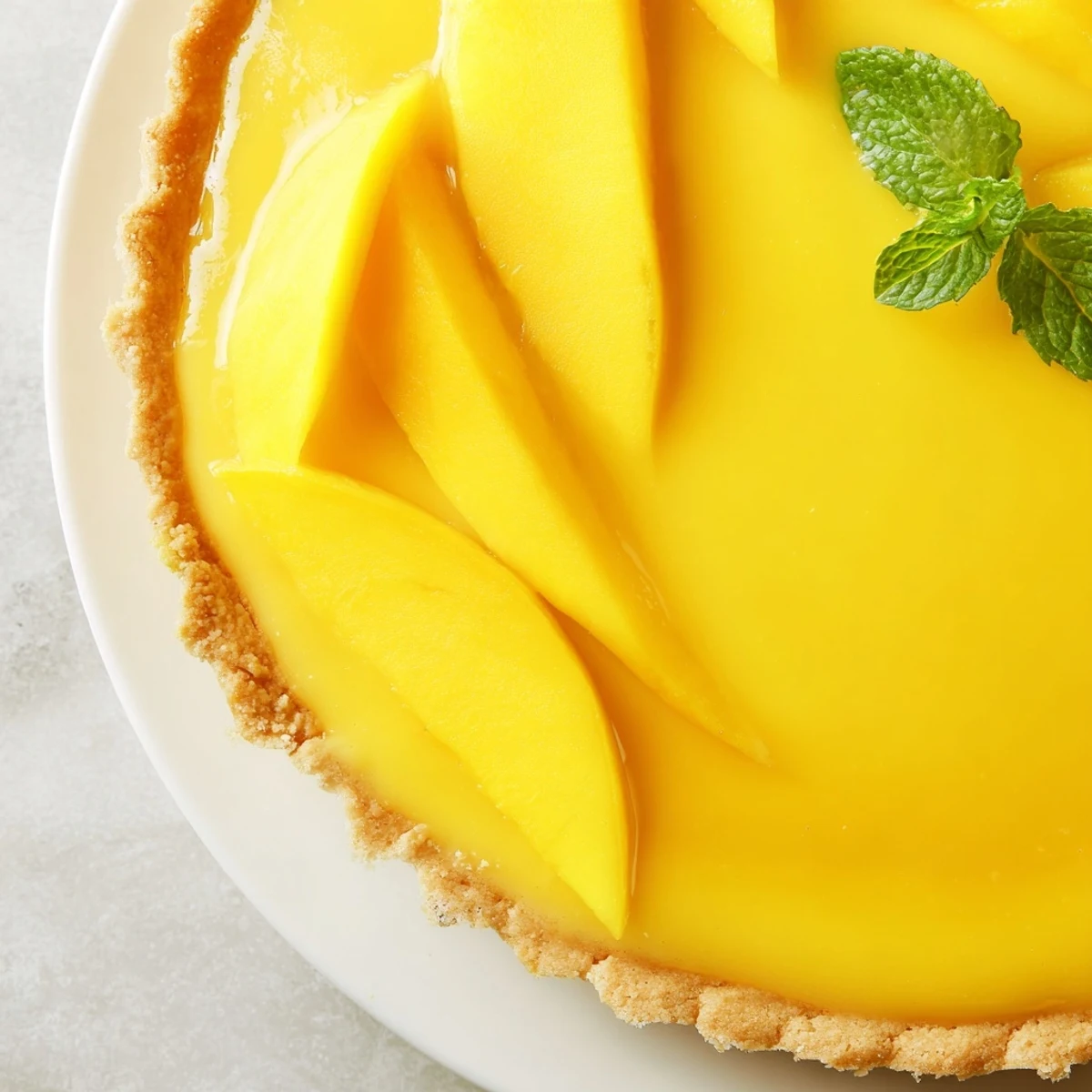 Golden Mango Curd Tart topped with edible flowers and ripe mango slices on a sunlit table.