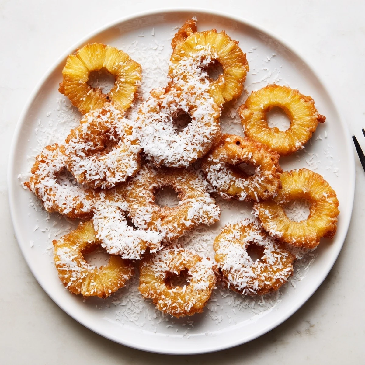 Golden, crispy Heavenly Pineapple Fritters That Bring Tropical Joy arranged on a plate, dusted with powdered sugar.