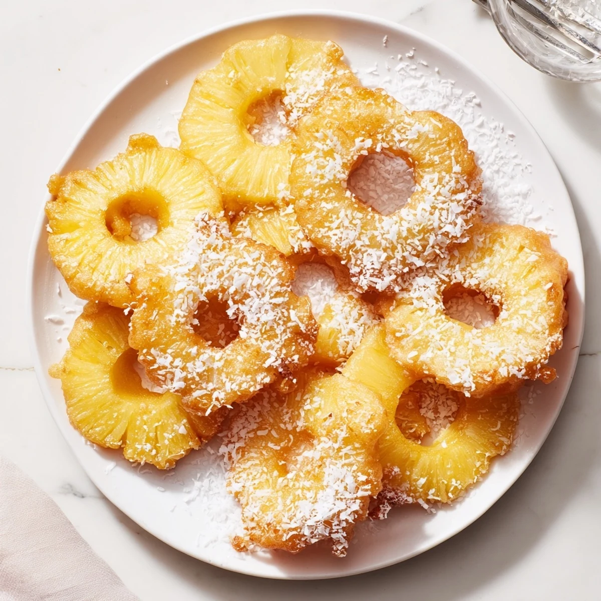 Fresh Heavenly Pineapple Fritters That Bring Tropical Joy topped with toasted coconut, served warm on a rustic table.