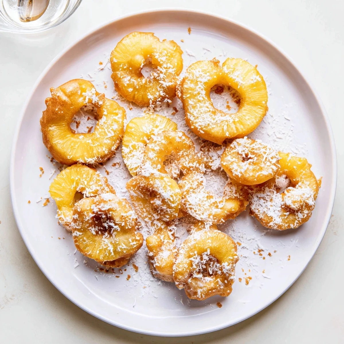 Close-up of Heavenly Pineapple Fritters That Bring Tropical Joy drizzled with honey and paired with a scoop of vanilla ice cream.