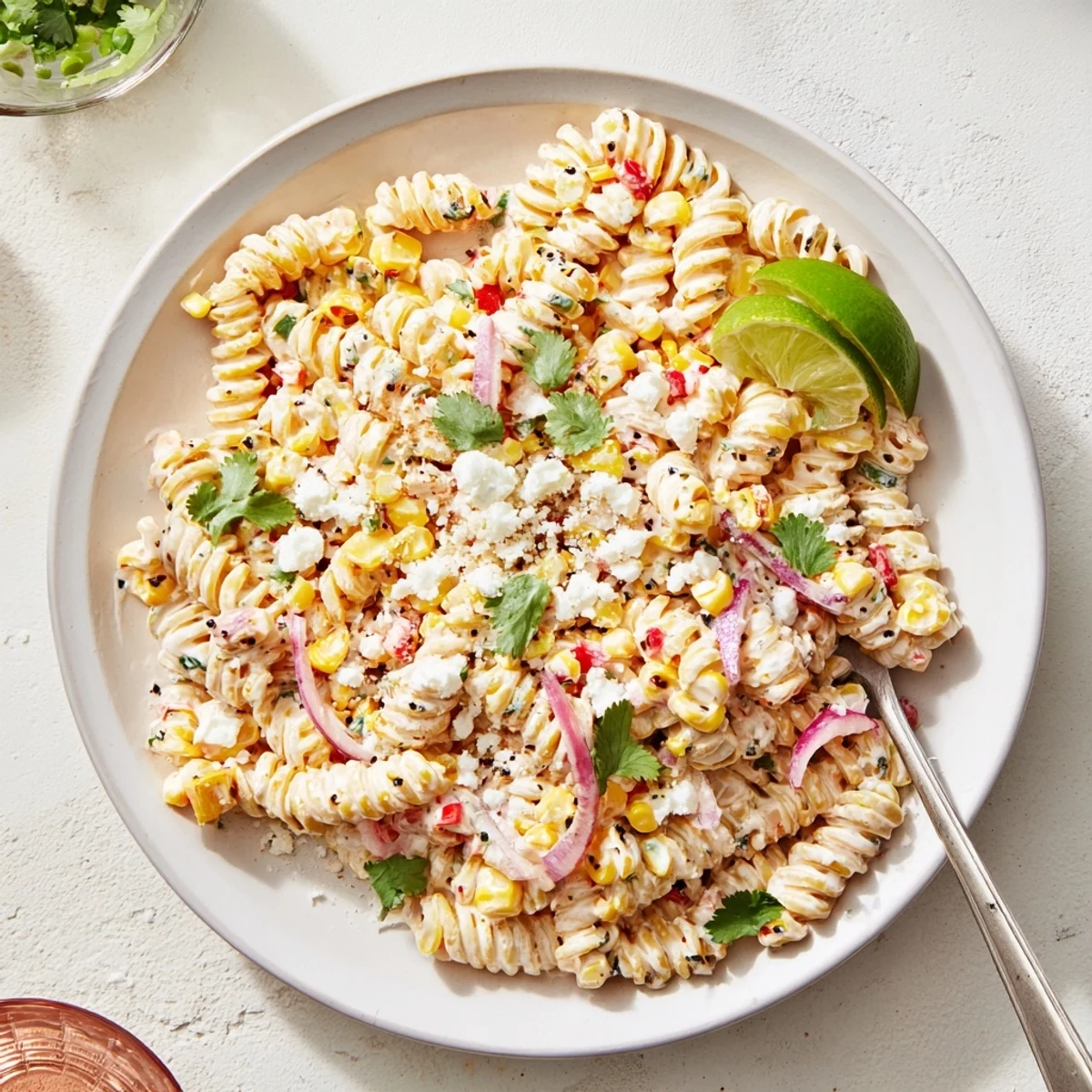 Juicy Street Corn Pasta Salad features charred sweet corn and creamy dressing tossed with vibrant pasta.
