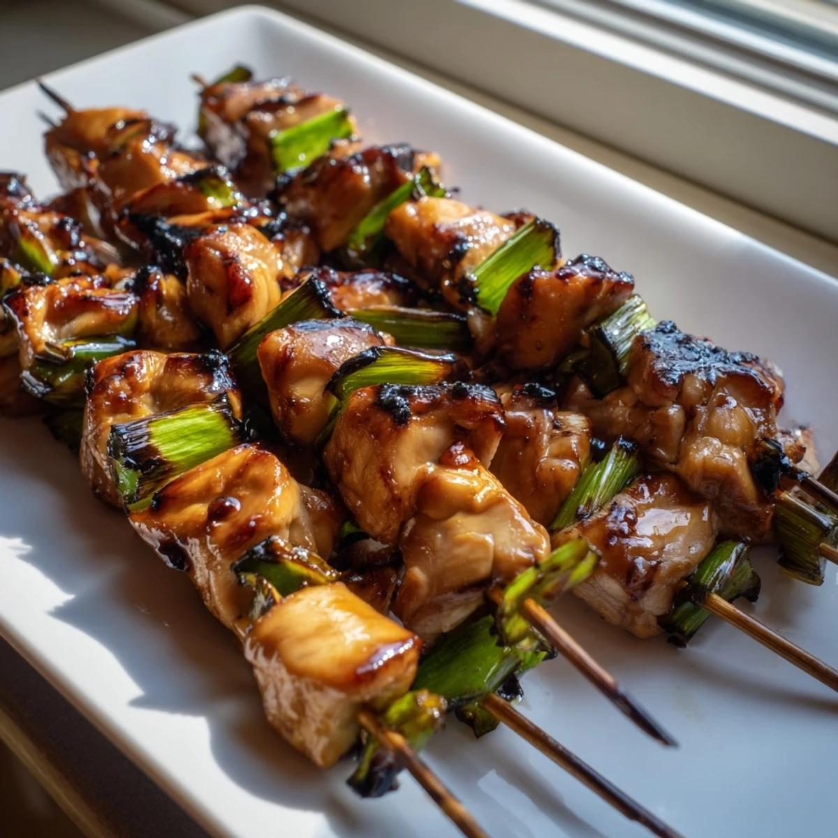 Grilled Japanese Chicken Yakitori skewers glistening with sweet tare sauce and char marks, served hot alongside scallions.