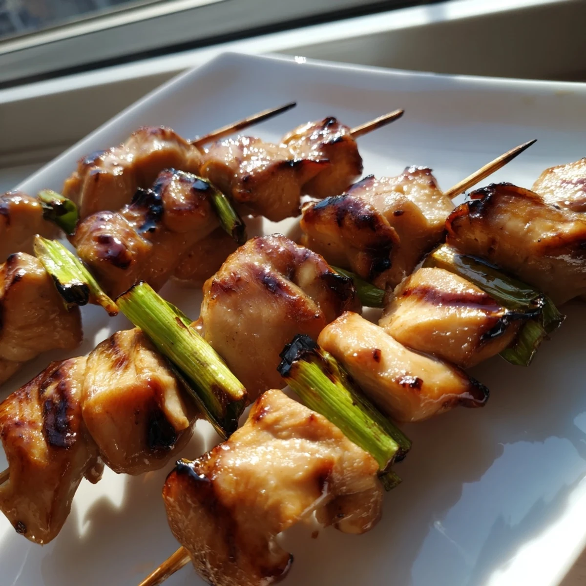 Tender Japanese Chicken Yakitori pieces with aromatic smoke, brushed with glossy glaze on a wooden platter.