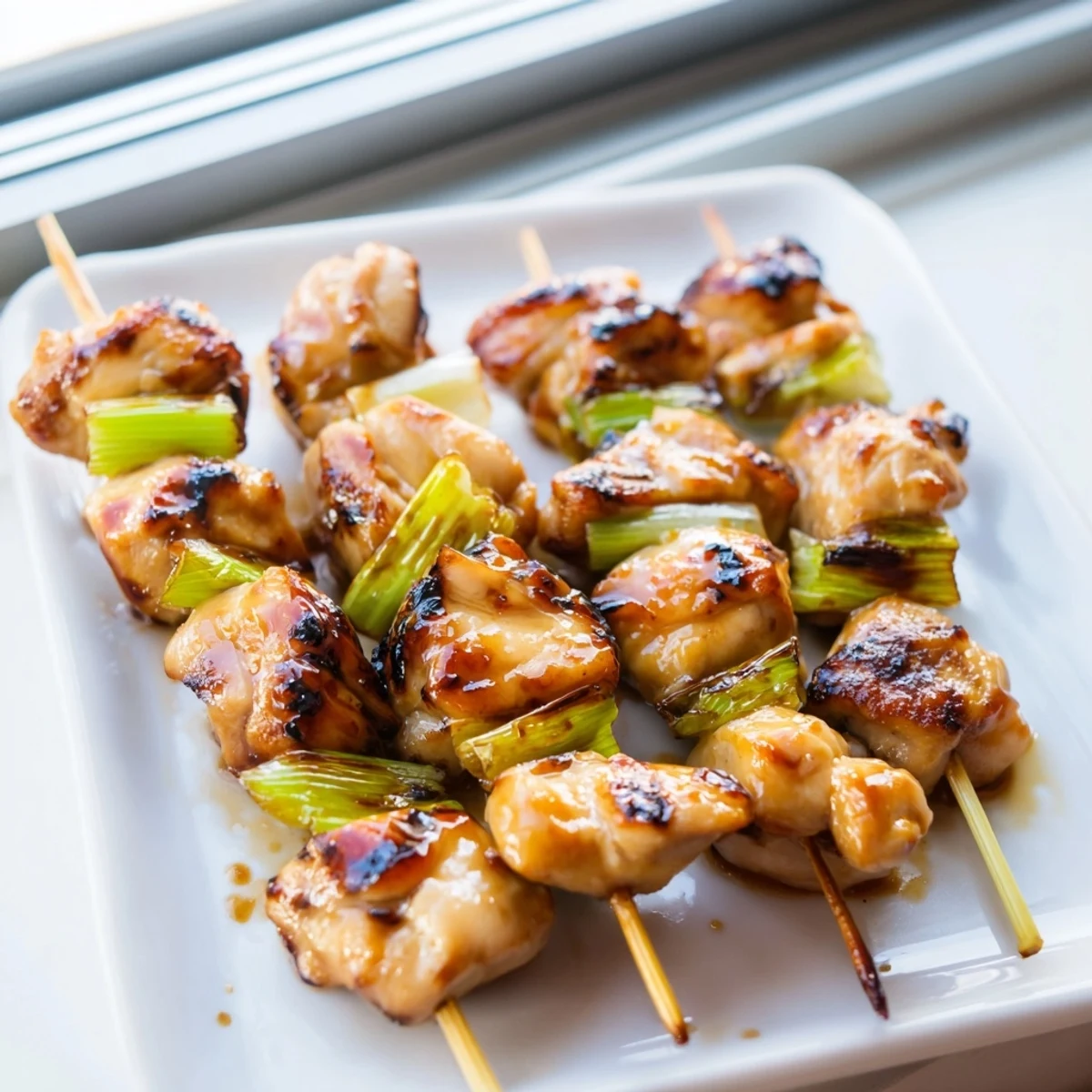 Close-up of Japanese Chicken Yakitori skewers with juicy meat, bamboo sticks, and a drizzle of savory sauce.