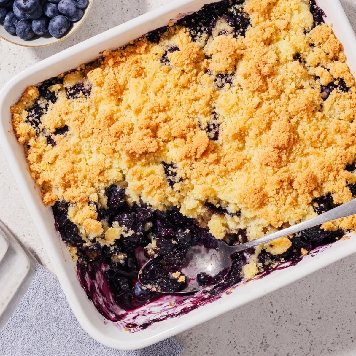 Golden Lemon Blueberry Cheesecake Dump Cake bubbling in a 9x13 dish with a creamy cheesecake swirl.