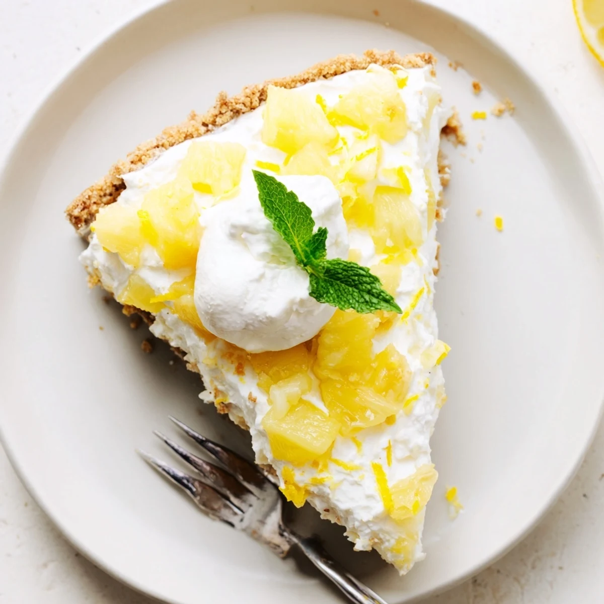 Slices of No Bake Pineapple Cheesecake topped with crushed pineapple and fresh mint garnish.