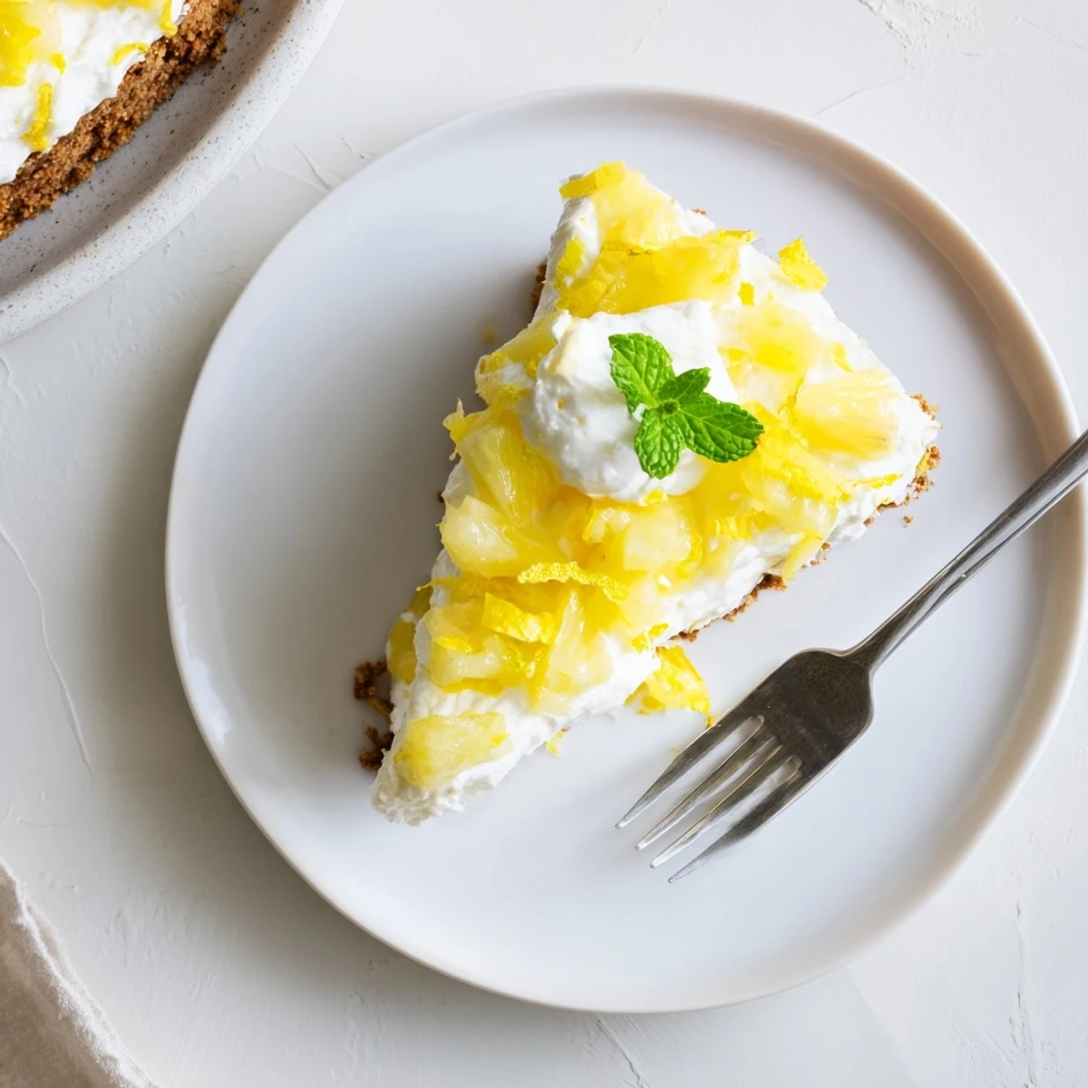 No Bake Pineapple Cheesecake with creamy filling and a buttery graham cracker crust served chilled.