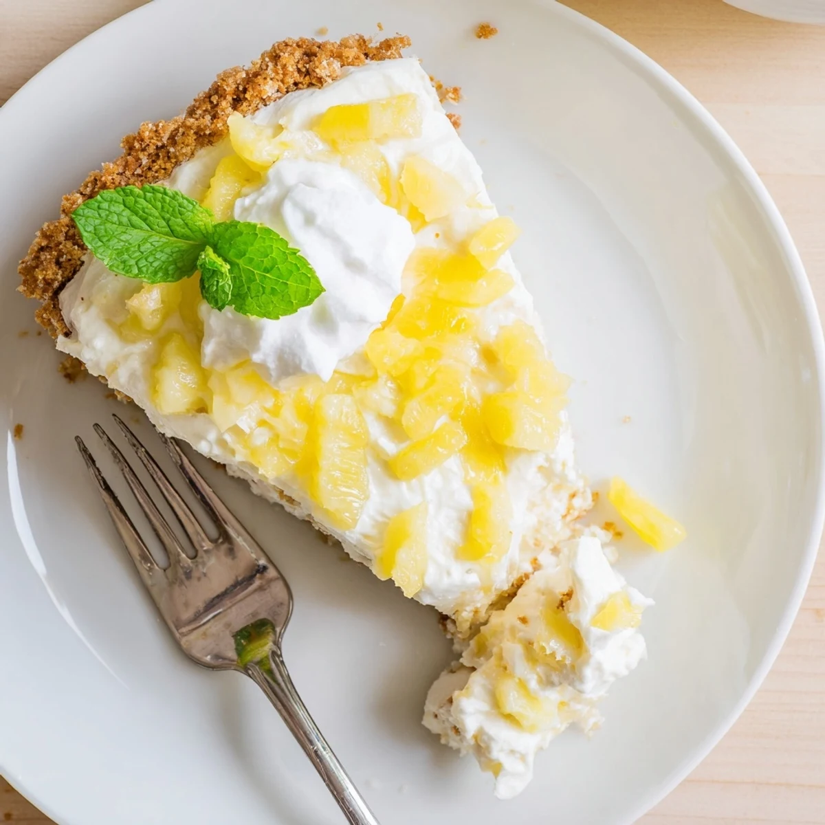 A chilled No Bake Pineapple Cheesecake showing smooth texture on a plate, perfect summer dessert.