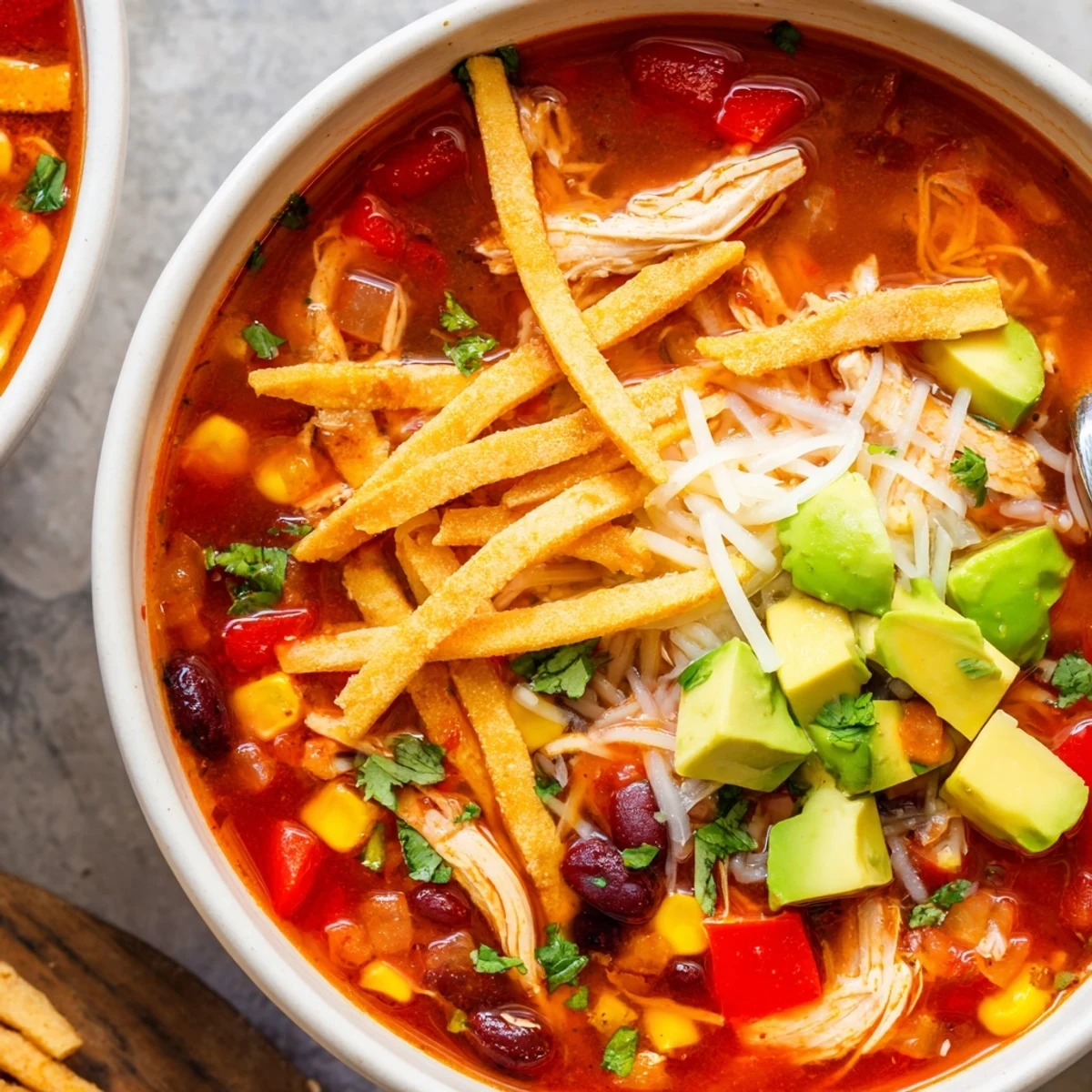 Rustic bowl of Classic Chicken Tortilla Soup topped with golden crispy tortilla strips and melted cheese.