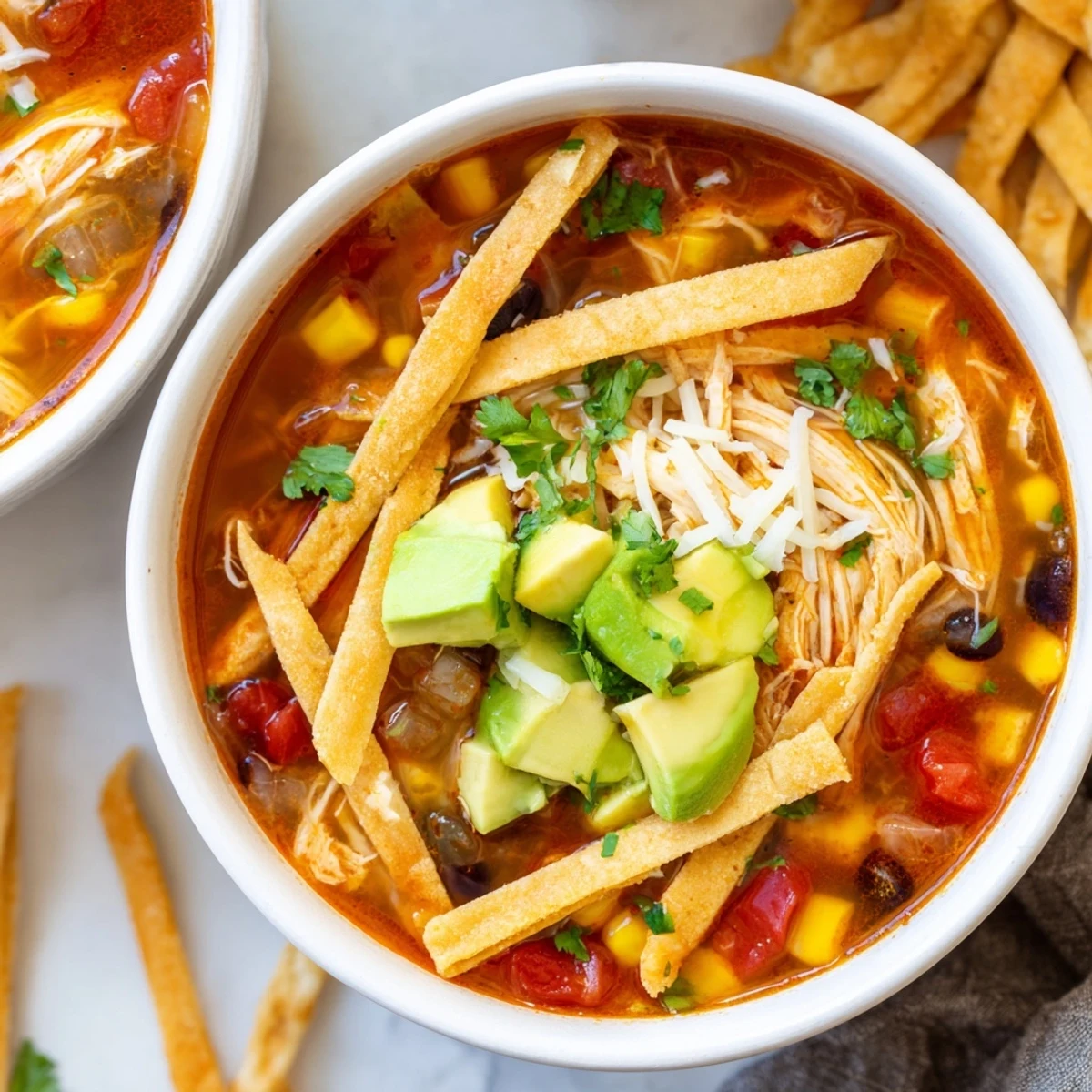 Hearty Classic Chicken Tortella Soup garnished with fresh avocado, cilantro, and zesty lime wedges.
