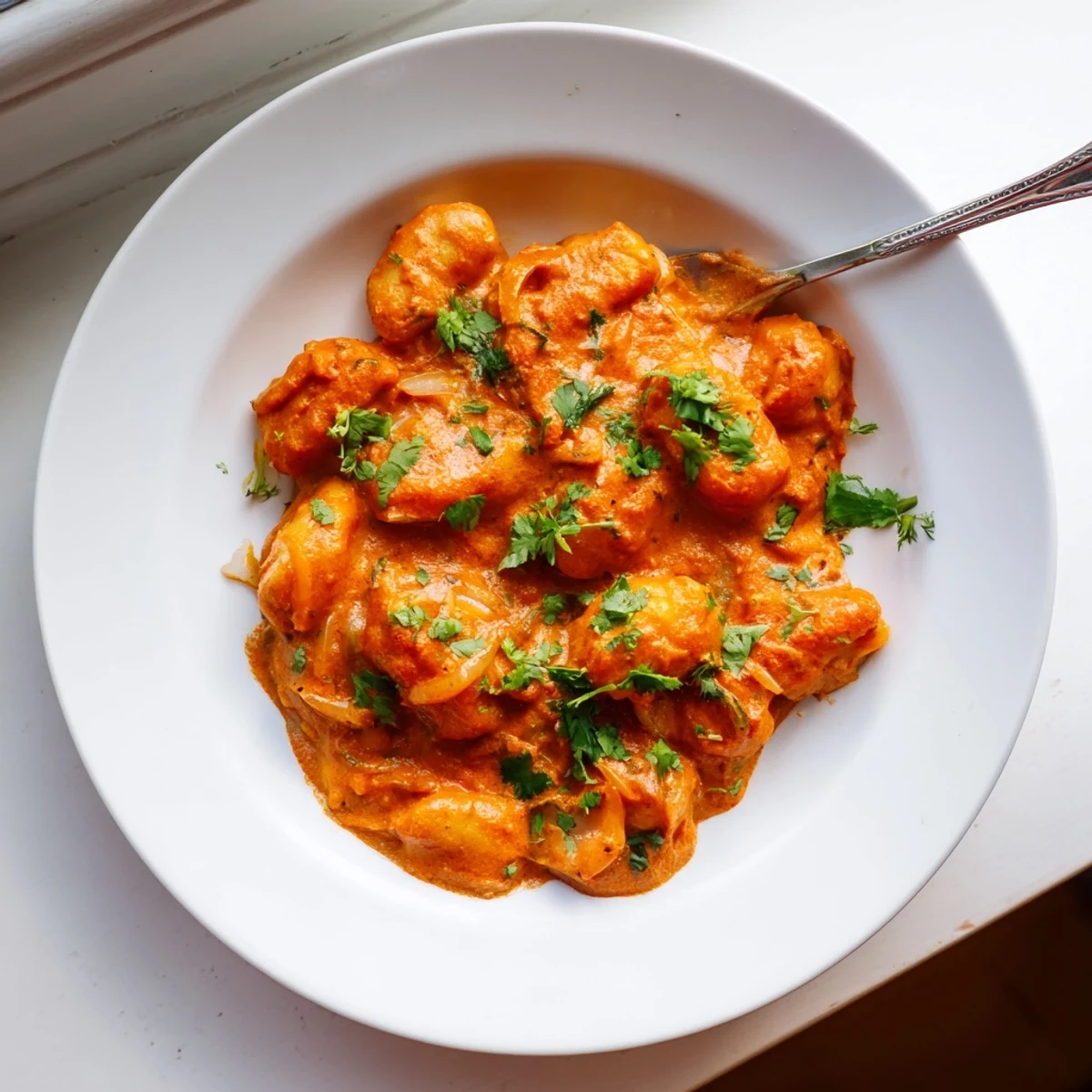 Creamy tikka masala gnocchi coated in spiced orange-red sauce with fresh green cilantro garnish