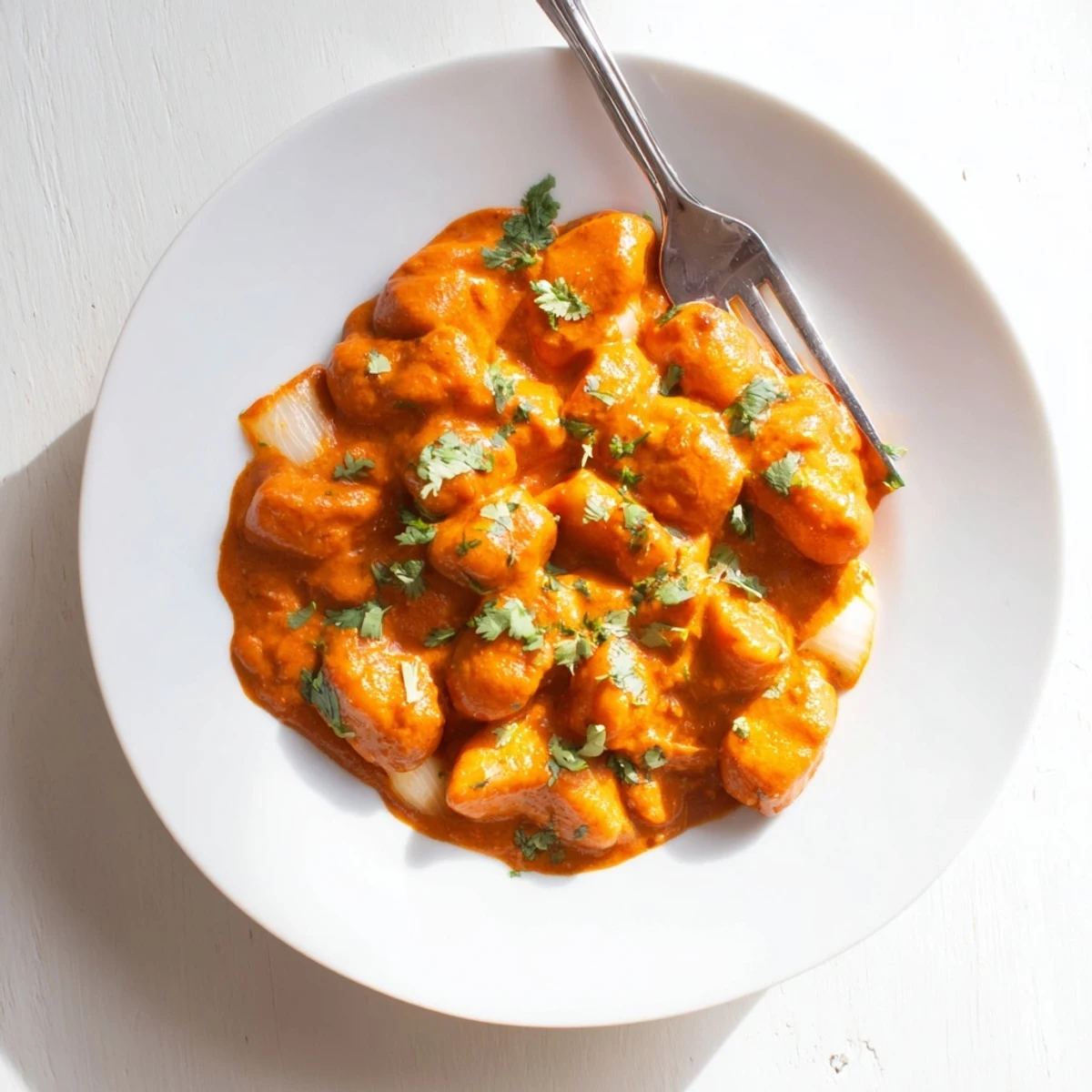 Pillowy potato gnocchi swimming in rich indian spiced tomato cream sauce topped with herbs