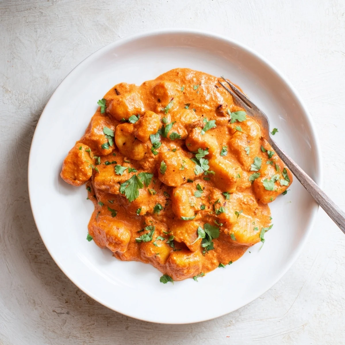 Golden brown gnocchi tossed in aromatic tikka masala sauce served hot in a white bowl