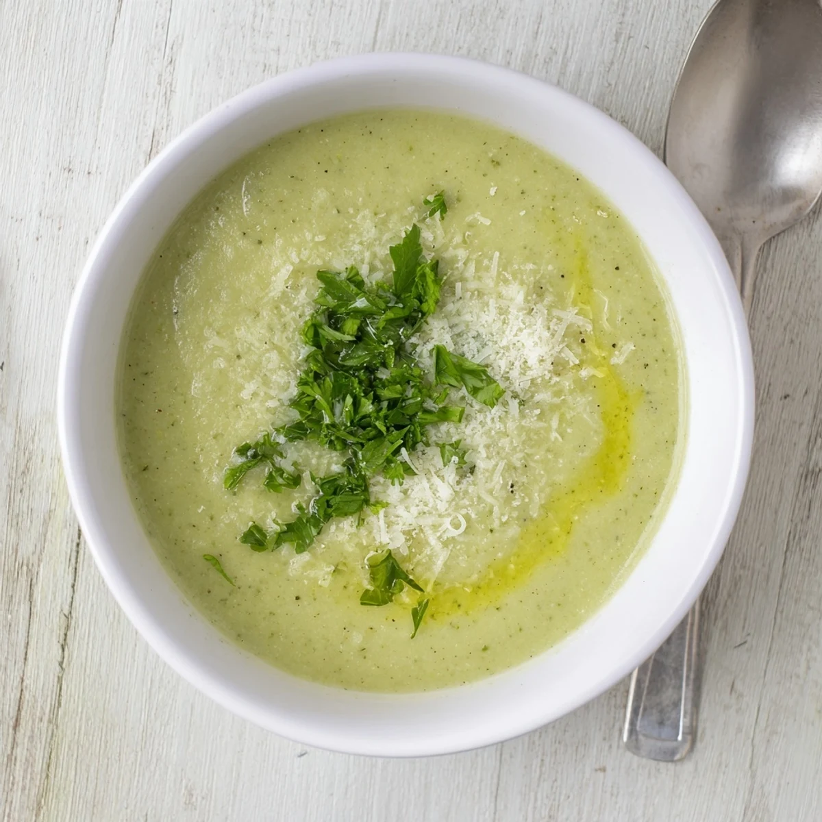 Creamy homemade Italian broccoli soup garnished with Parmesan and fresh herbs in a white bowl