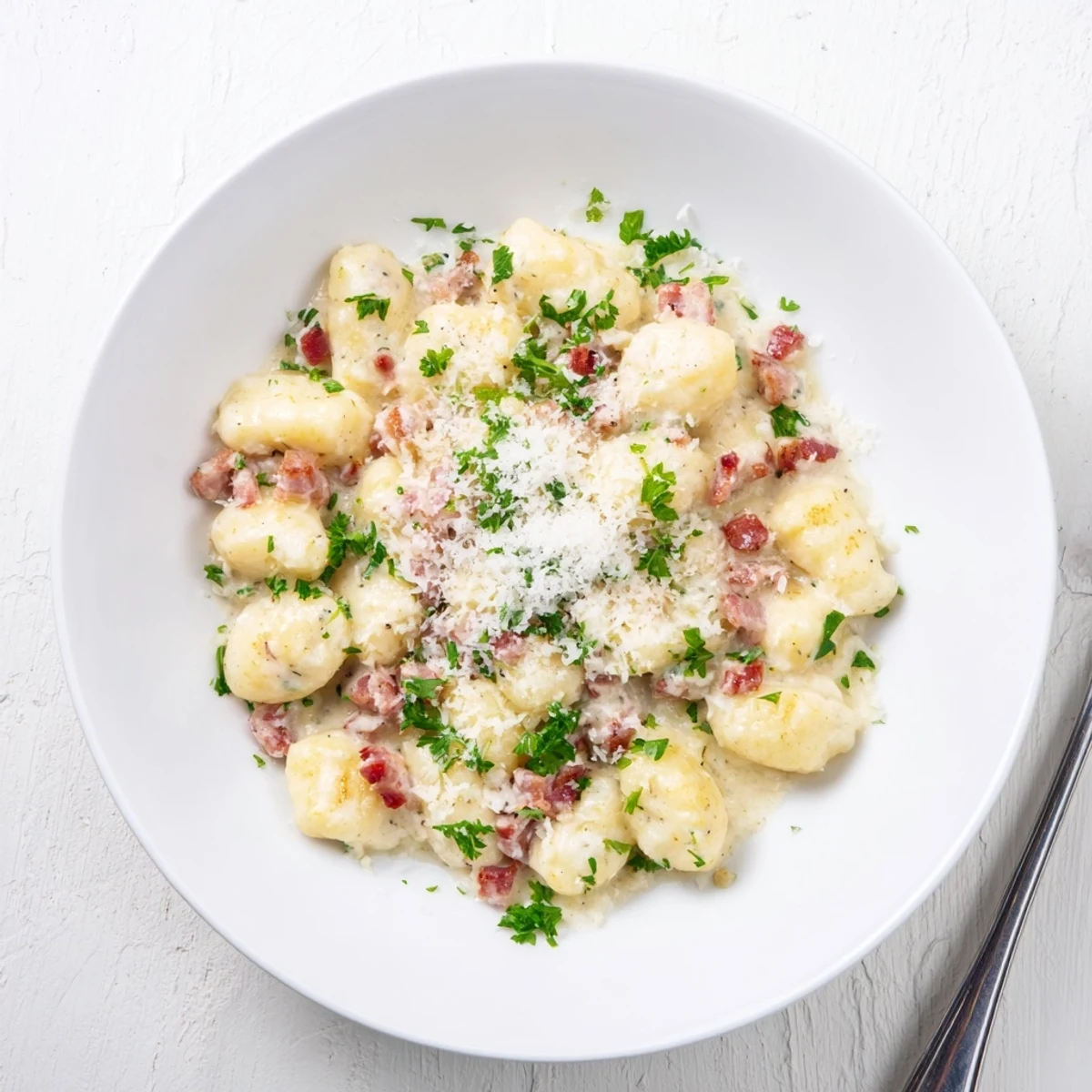 Gnocchi Carbonara with bacon and Parmesan served in a white bowl garnished with fresh parsley