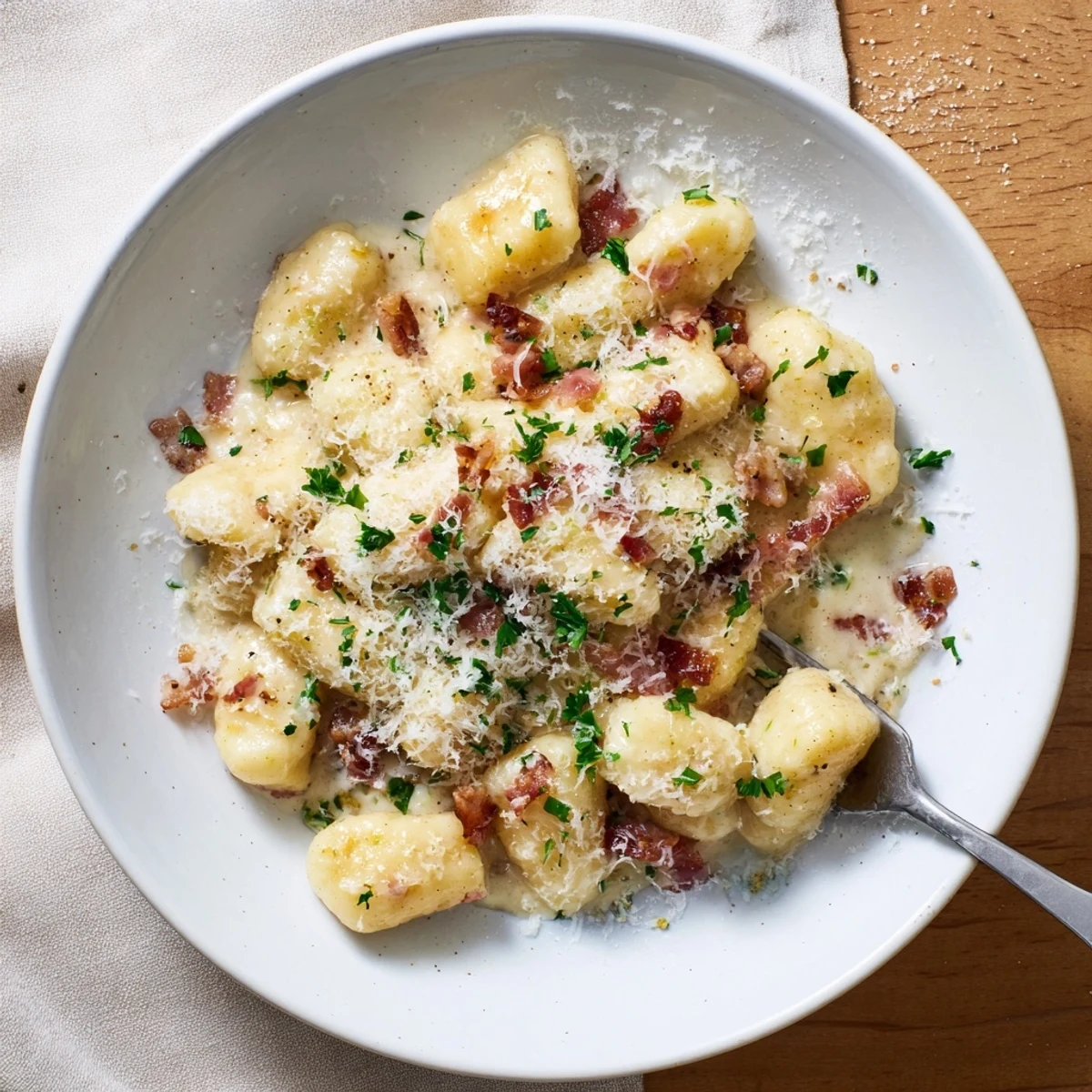 Creamy Gnocchi Carbonara featuring pillowy potato dumplings coated in silky egg sauce with crispy bacon bits