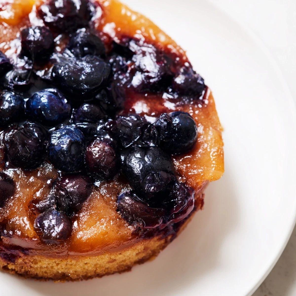 Golden blueberry upside down cake with caramelized fruit topping on a serving plate