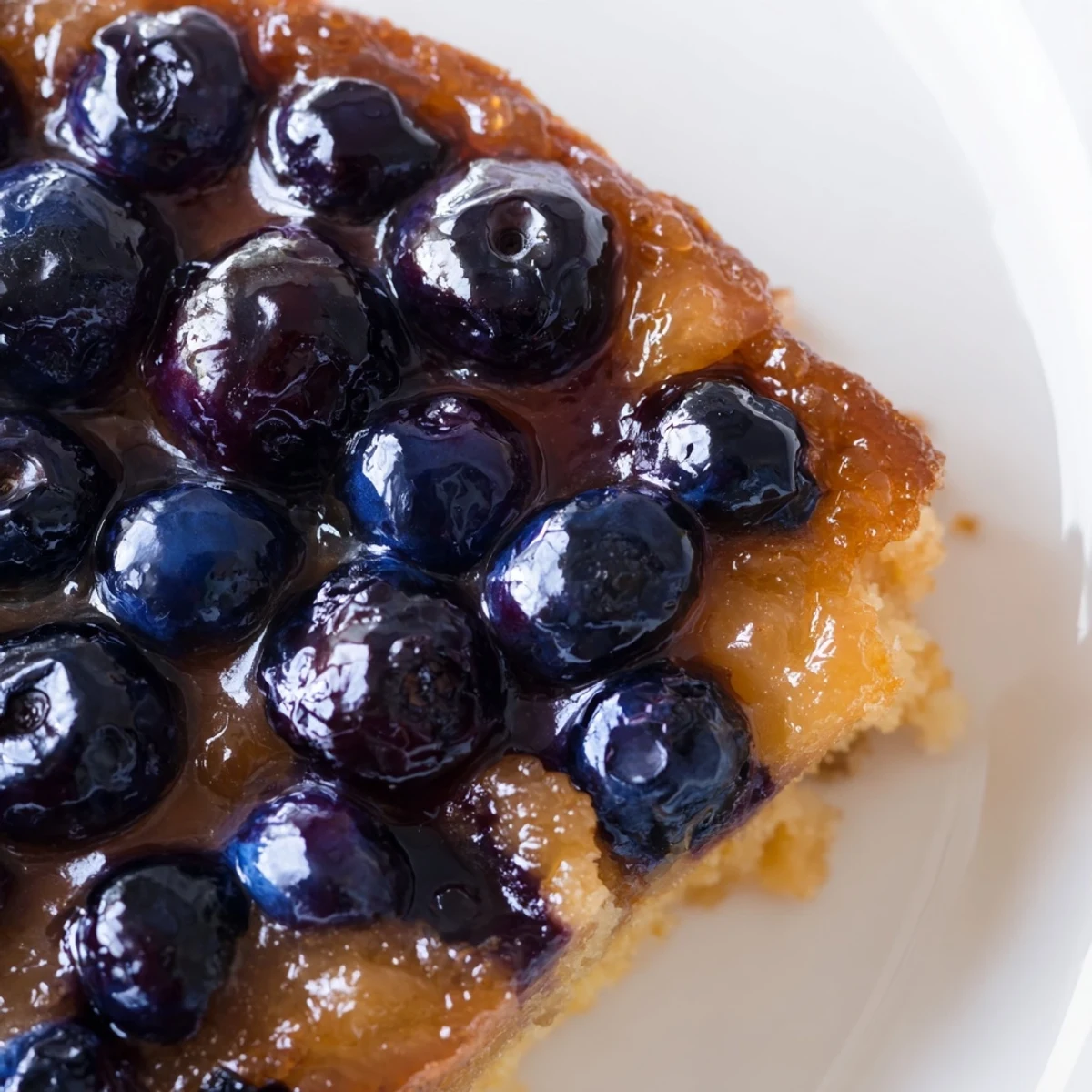 Fresh blueberry upside down cake baked until golden with glossy berry topping layer