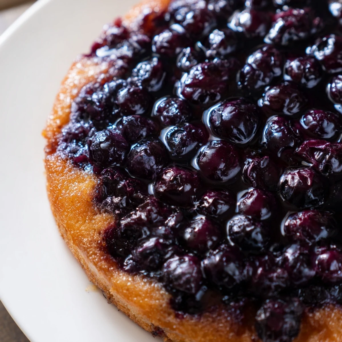Moist blueberry upside down cake slice revealing purple berries embedded in tender vanilla crumb