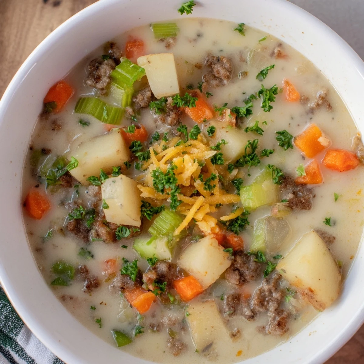Creamy pork sausage potato soup topped with fresh parsley and grated cheddar cheese