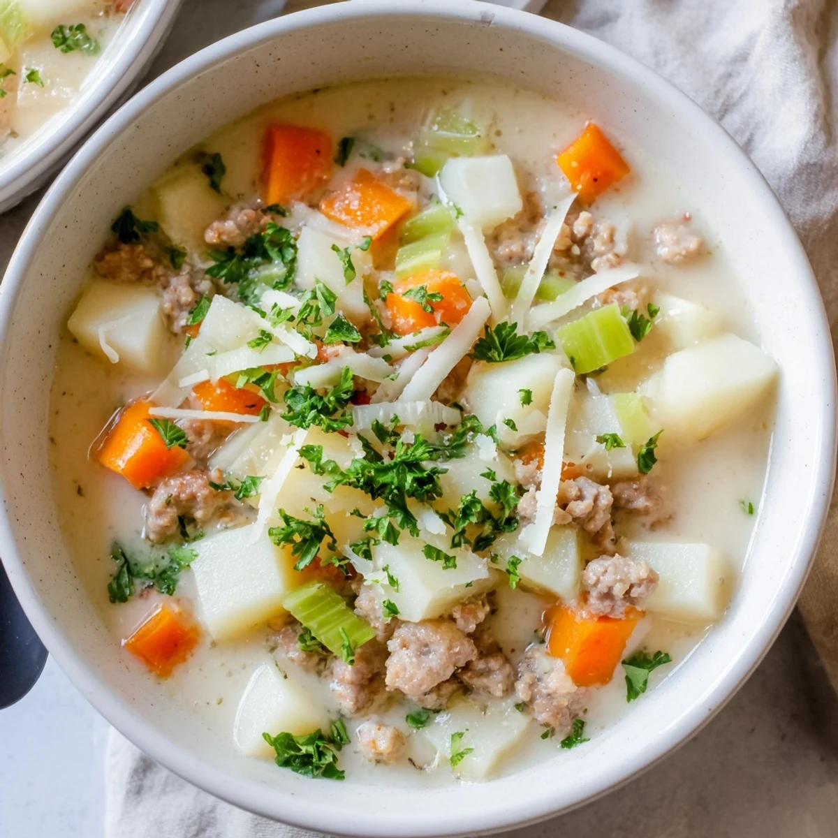 Steaming simple pork sausage potato soup in a white bowl with crusty bread on the side