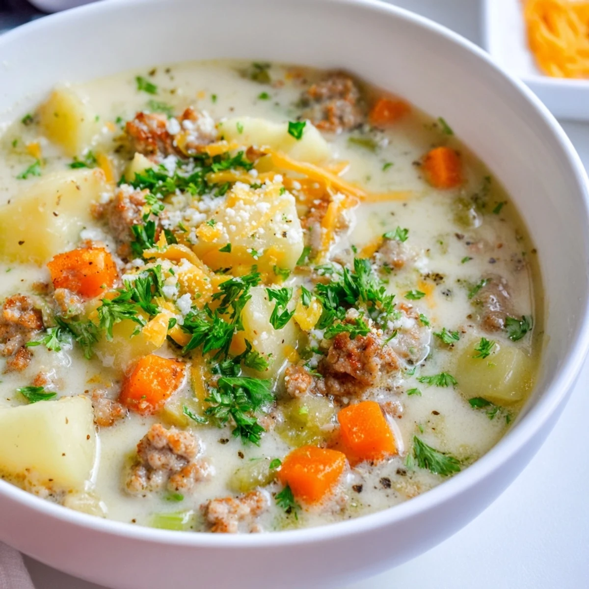 Hearty bowl of simple pork sausage potato soup featuring tender vegetables and savory crumbled sausage
