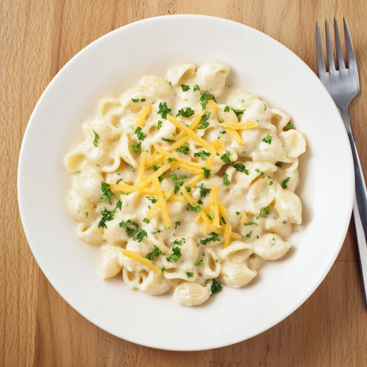 Close up of cheesy Boursin mac and cheese with herbed cheese sauce coating every elbow pasta noodle