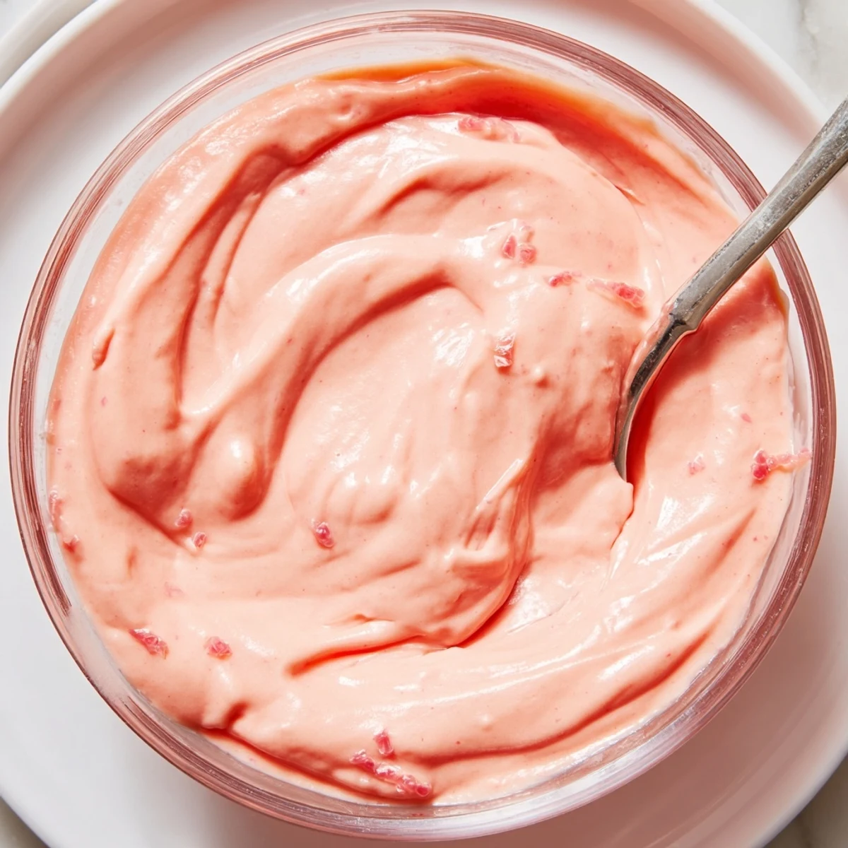 Spoonful of tangy pink lemon curd topped with fresh lemon zest on white plate