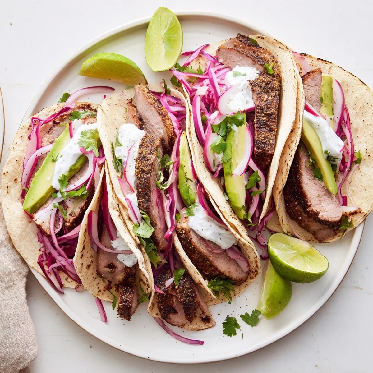 Golden roasted cumin crusted leg of lamb sliced into tender taco fillings with fresh vibrant toppings