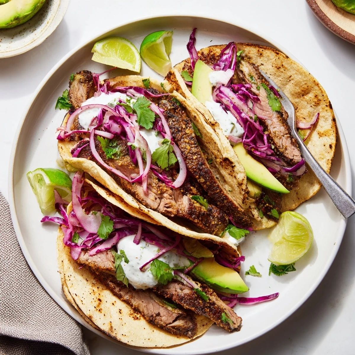 Spice rubbed leg of lamb tacos featuring succulent roasted meat with avocado and crisp red cabbage