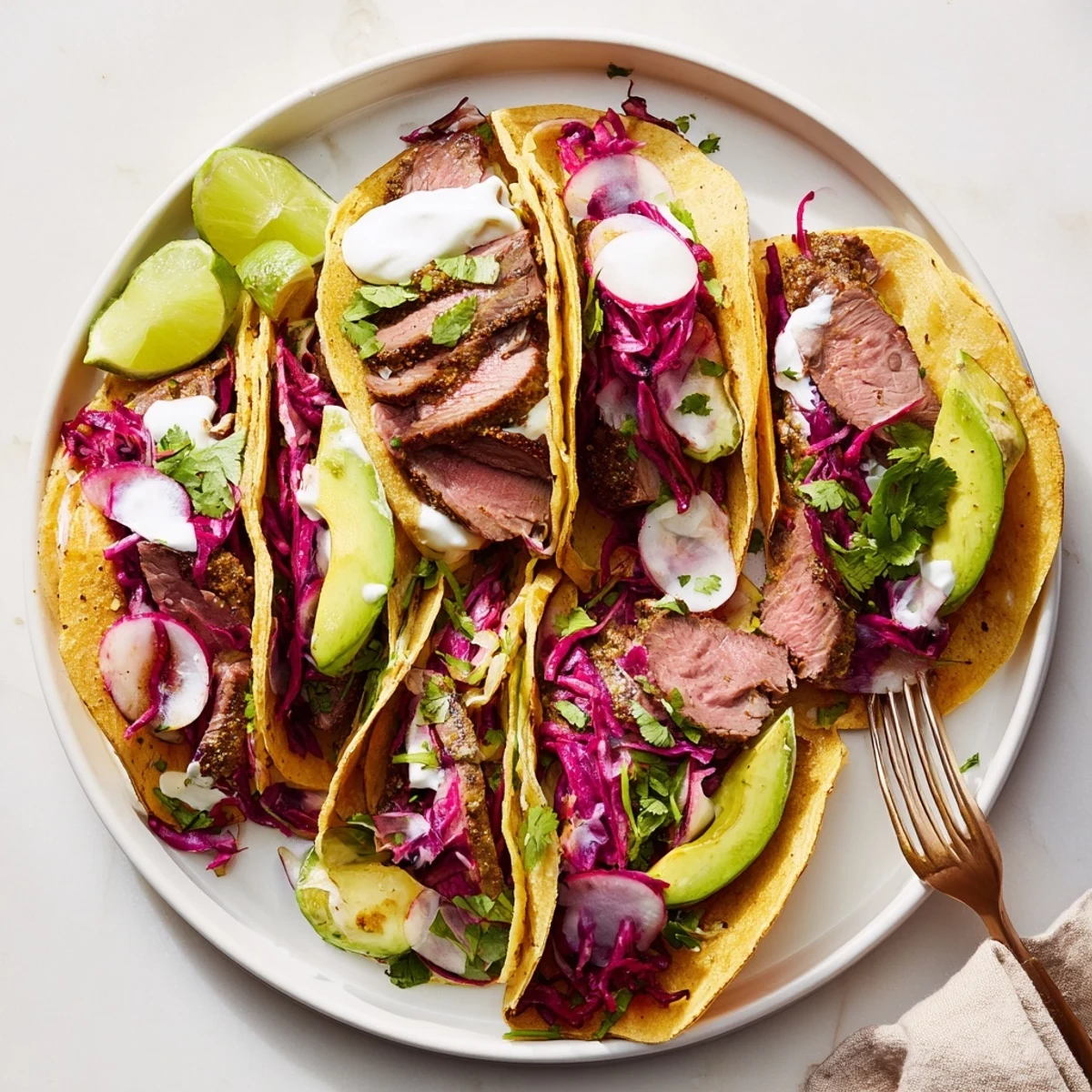 Fragrant cumin roasted lamb nestled in warm tortillas with colorful vegetables and creamy yogurt garnish