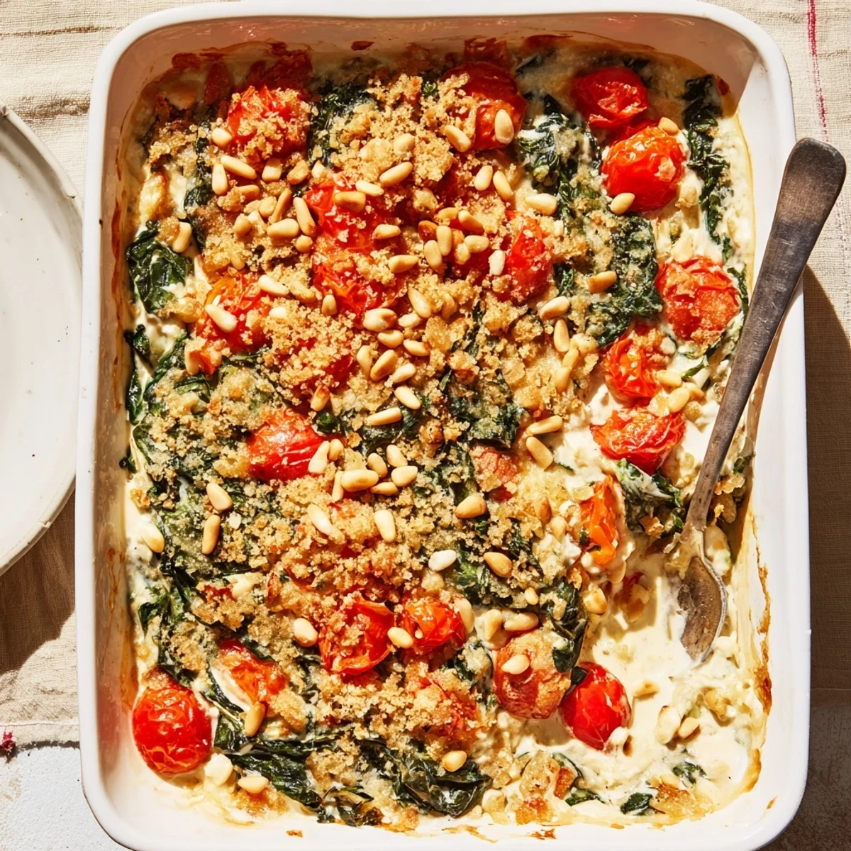 Golden golden creamy tomato spinach and pine nut bake with bubbling cheese crust and cherry tomato topping