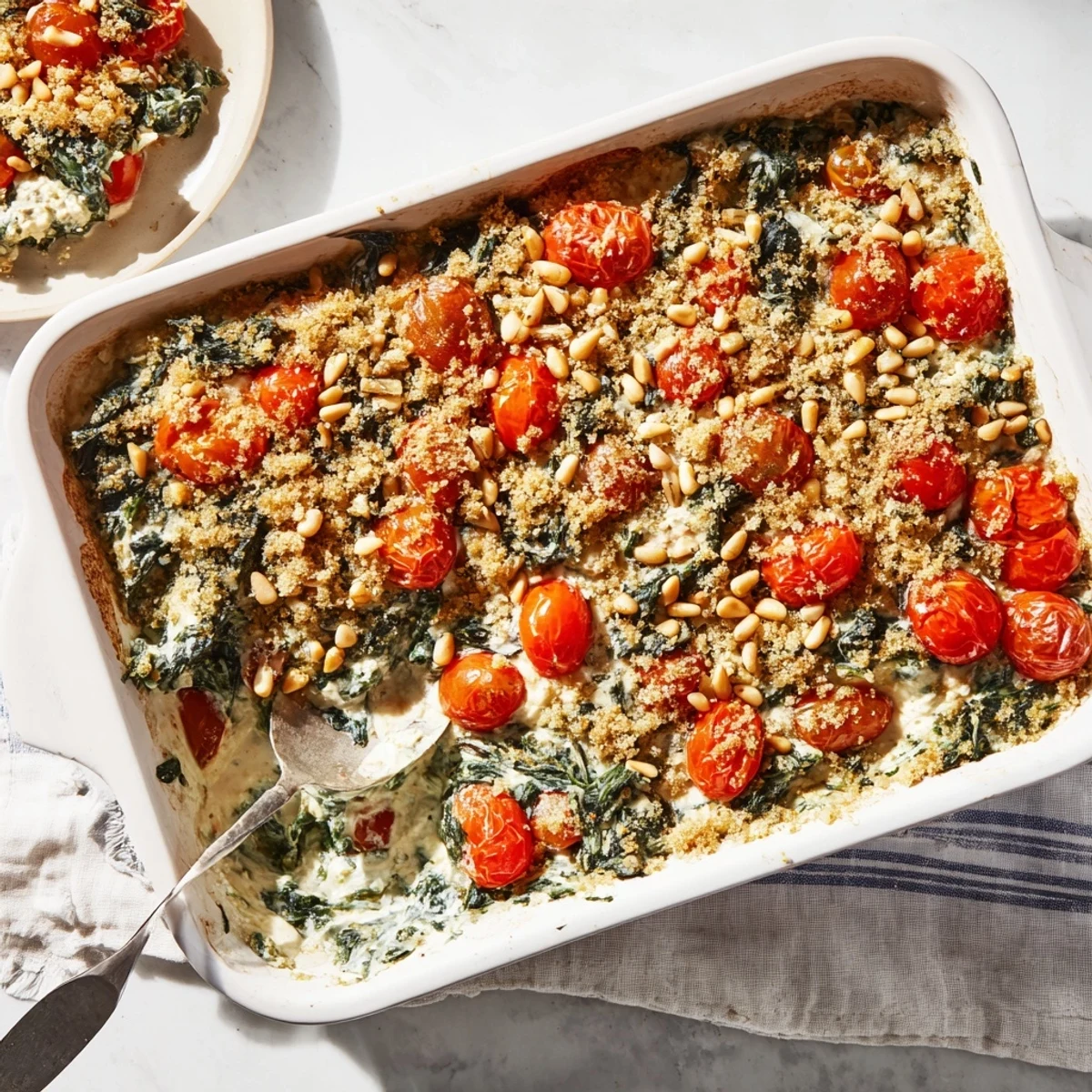 vegetarian Mediterranean bake featuring wilted spinach juicy tomatoes and toasted pine nuts in rich cream sauce