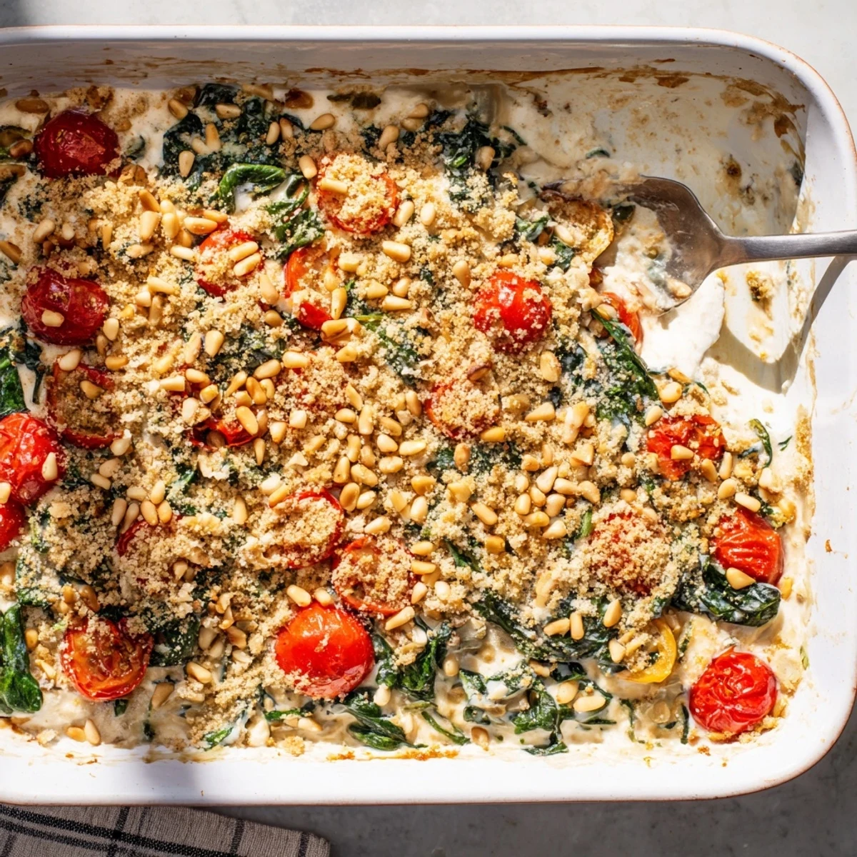 golden brown casserole with layers of spinach tomatoes pine nuts and melted parmesan on a rustic wooden table