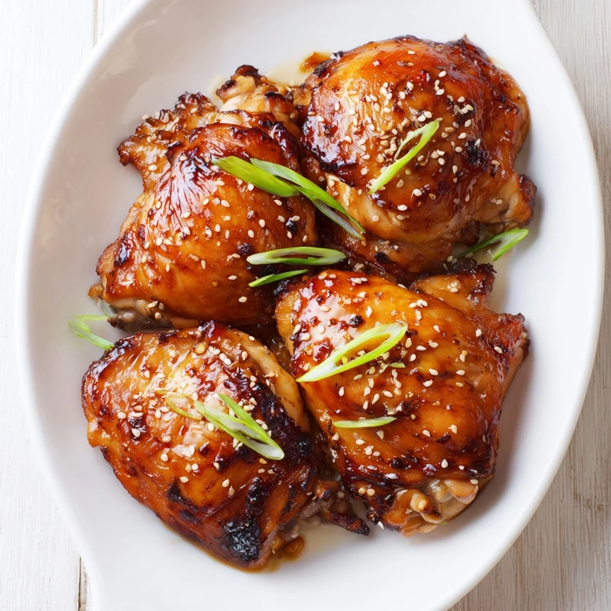 Juicy Five Spice Chicken thighs glazed with honey soy sauce and garnished with scallions