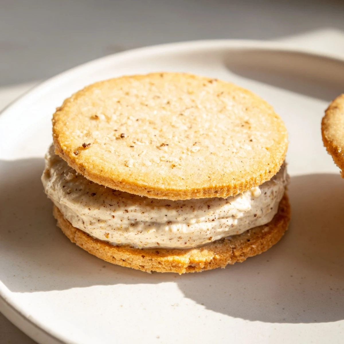 Golden chai shortbread cookie sandwiches filled with creamy spiced frosting on a white plate