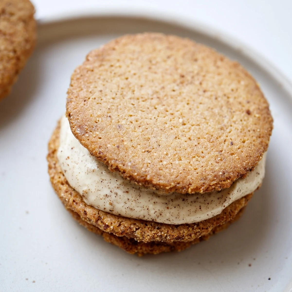 Buttery chai spiced shortbread cookies stacked with sweet filling beside a steaming mug