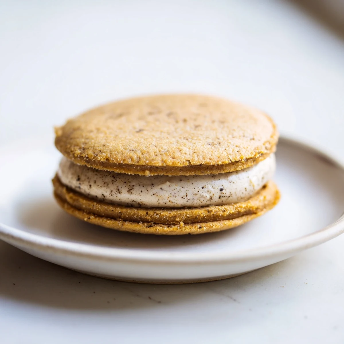Close up of chai shortbread cookie sandwiches showing crumbly texture and spiced buttercream center