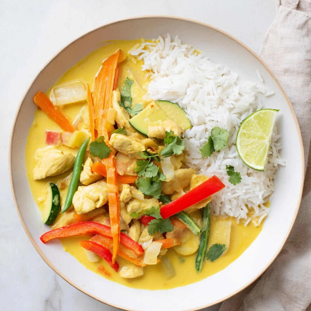 Golden yellow jungle chicken curry in a bowl with colorful vegetables and fresh cilantro garnish