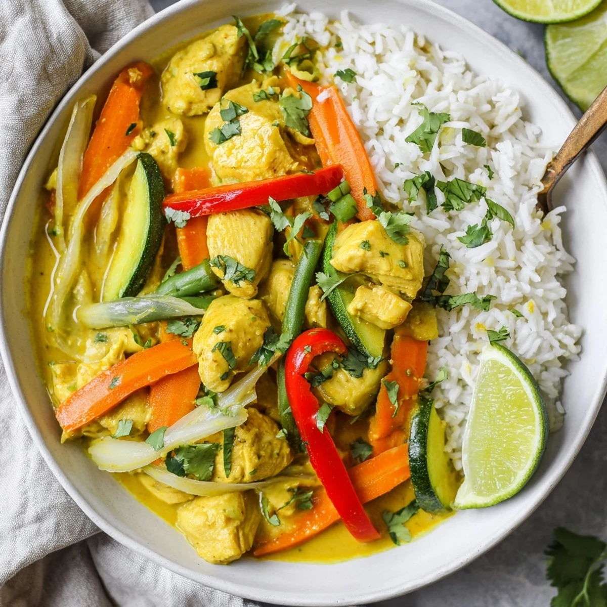 Creamy yellow jungle chicken curry served over jasmine rice with tender chicken and vegetables