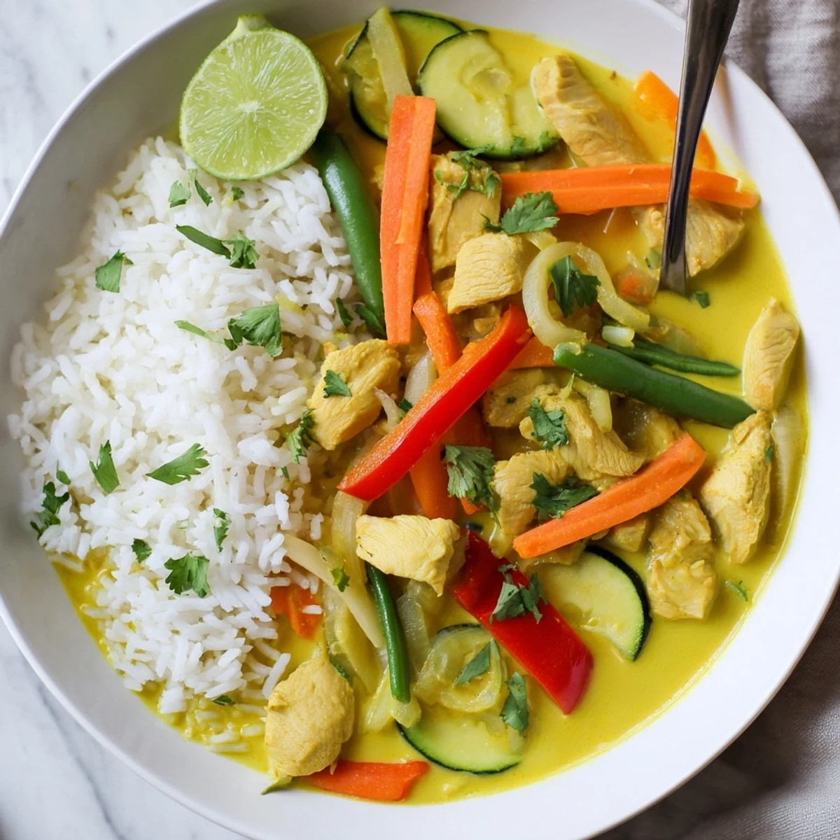 Spoonful of aromatic yellow jungle chicken curry showcasing coconut sauce with chicken and bell peppers