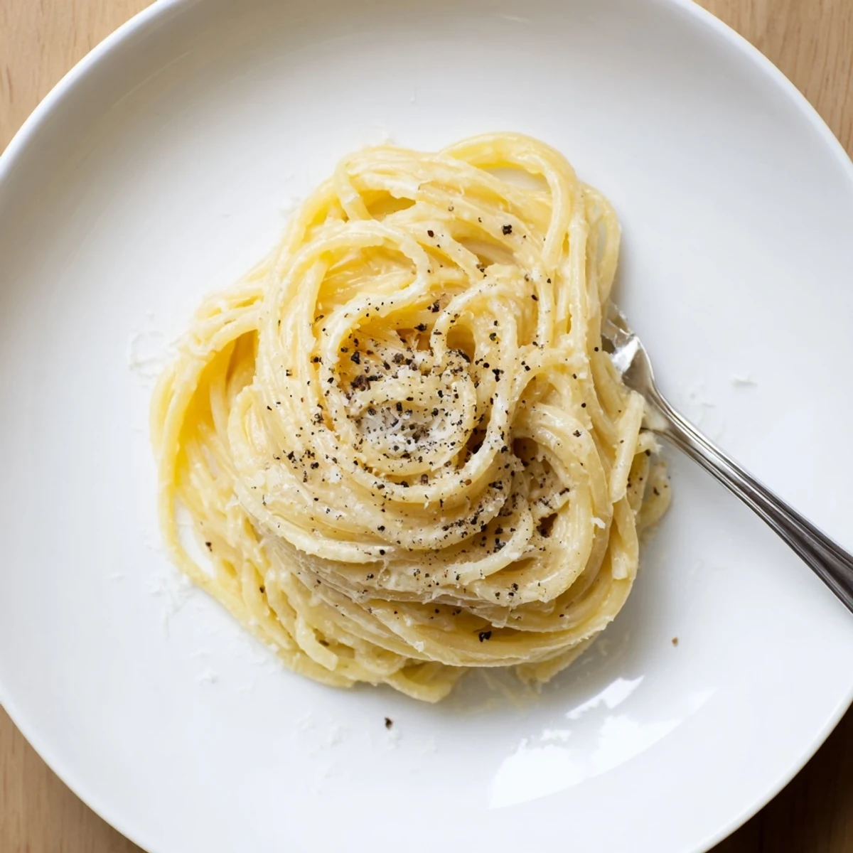 Creamy Cacio e Pepe pasta coated in glossy Pecorino Romano sauce with cracked black pepper