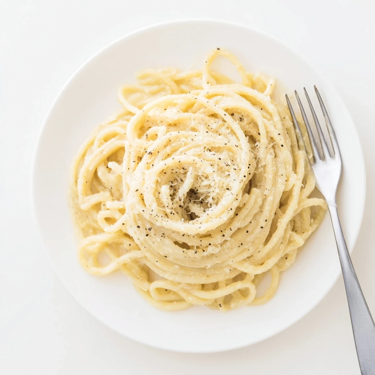 Golden twirl of Cacio e Pepe spaghetti sprinkled with freshly ground black pepper on white plate