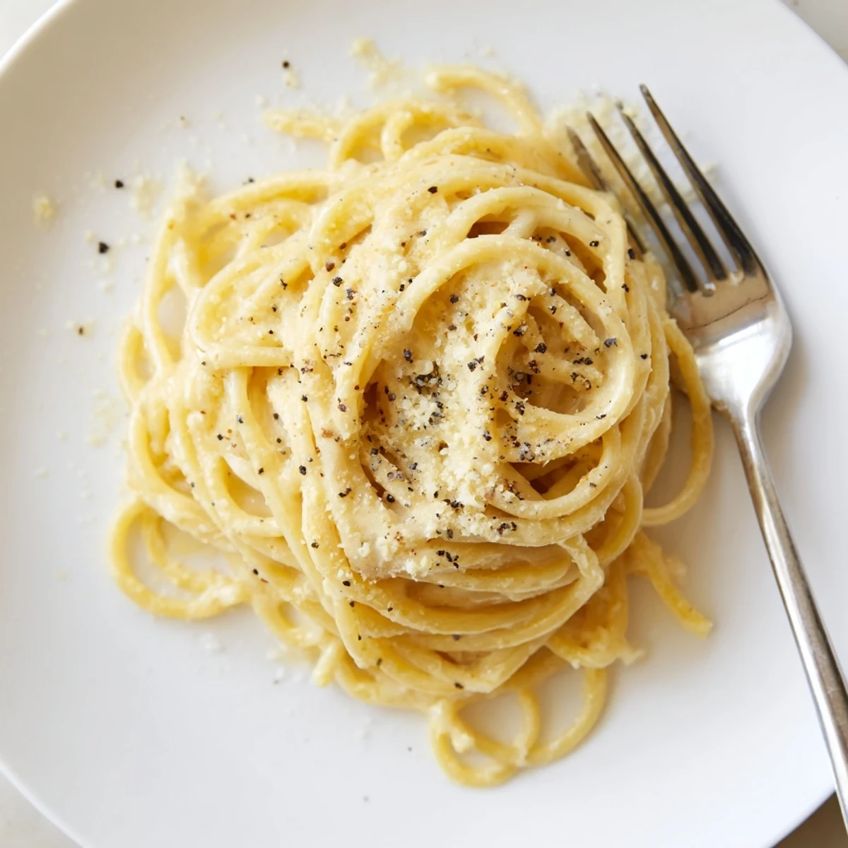 Steaming bowl of Cacio e Pepe featuring silky cheese sauce clinging to al dente pasta strands