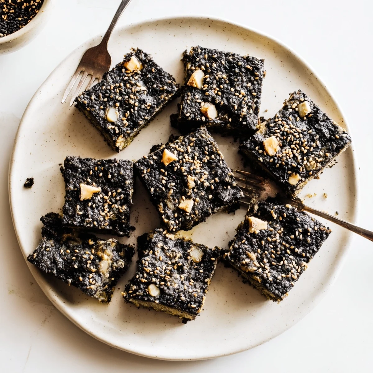 Buttery black sesame blondies cut into squares with white chocolate chips