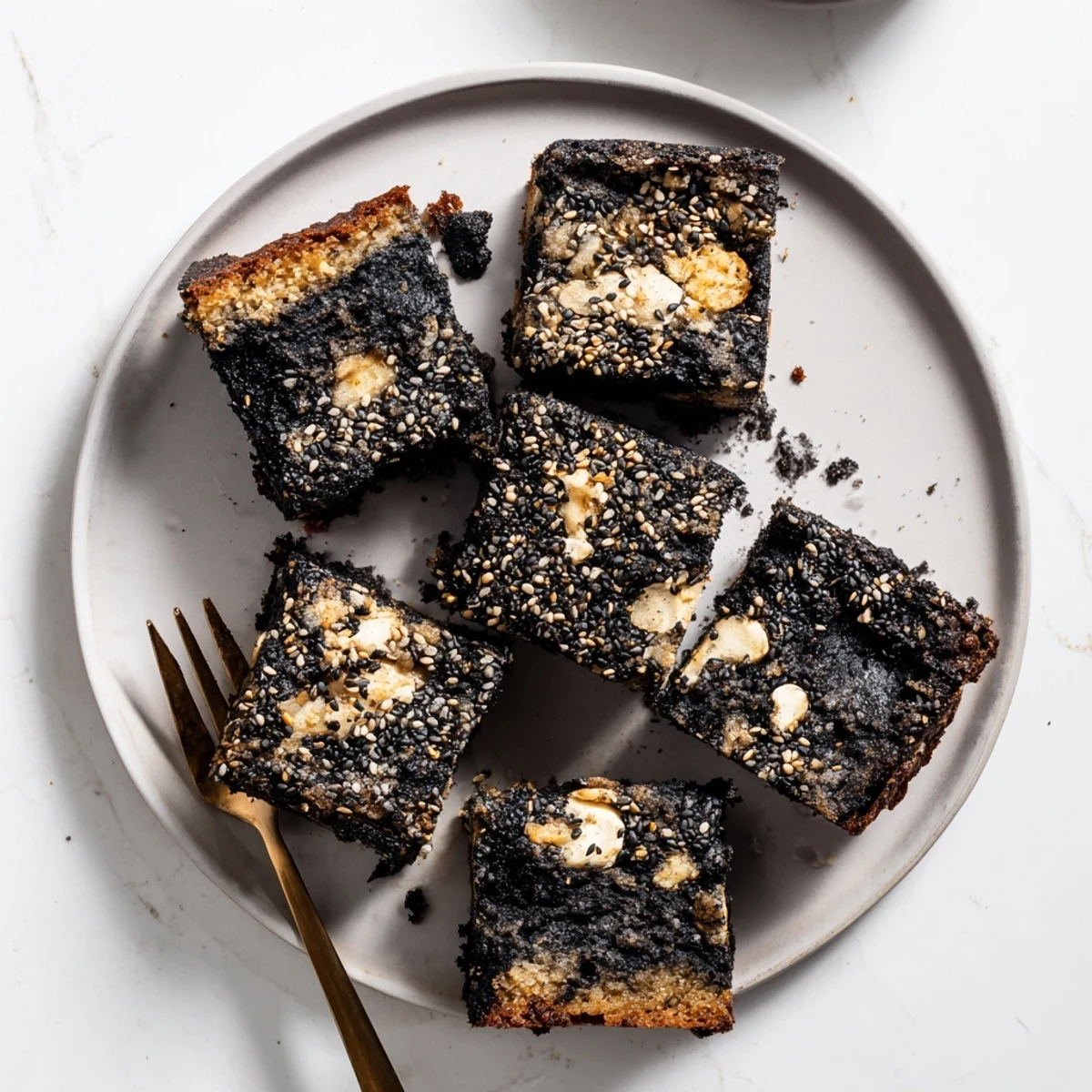 Gooey black sesame blondies fresh from the pan with speckled sesame topping